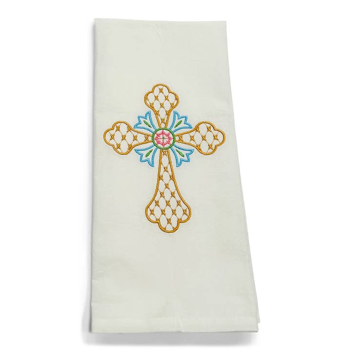 Towel - Fishtail Cross on white for wholesale by Vibrantly Blue