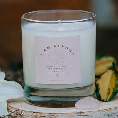 Affirmation Candle - I Am Strong - Rose Quartz crystal for wholesale by Blenheim & Co.