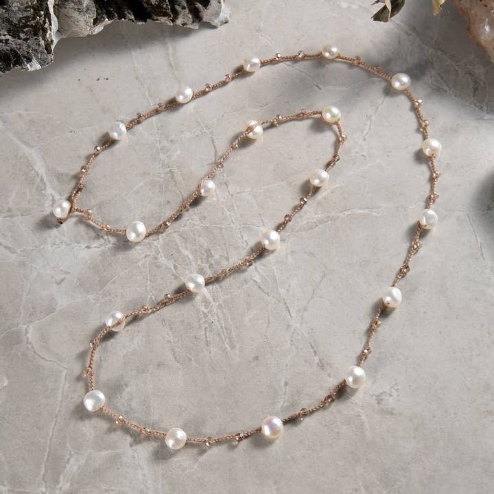 Colar longo de crochê de cristal pérola barroca por atacado de IST Jewelry