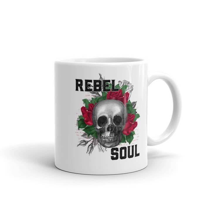 Rebel Soul Gothic Red Rose Skull Coffee Mug for wholesale by Words of Ivy