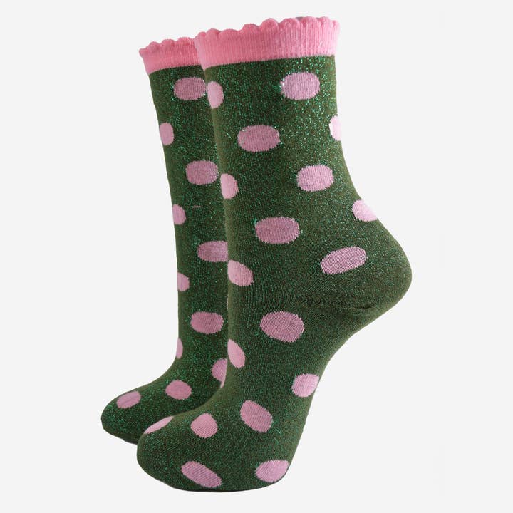 Sock Talk – wholesale Strumpor - Dam – Glitterstrumpor för kvinnor - khaki/ljusrosa, medelstora prickar