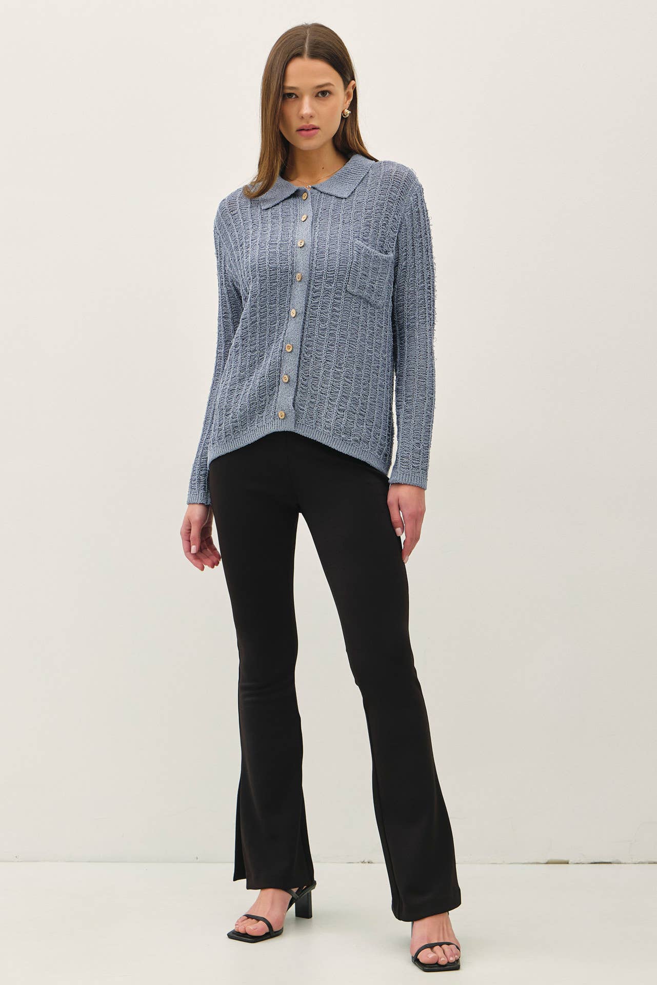 Be Cool - Wholesale Cardigan - Women's - BREEZY TEXTURED KNIT BUTTON UP COLLARED CARDIGAN 13