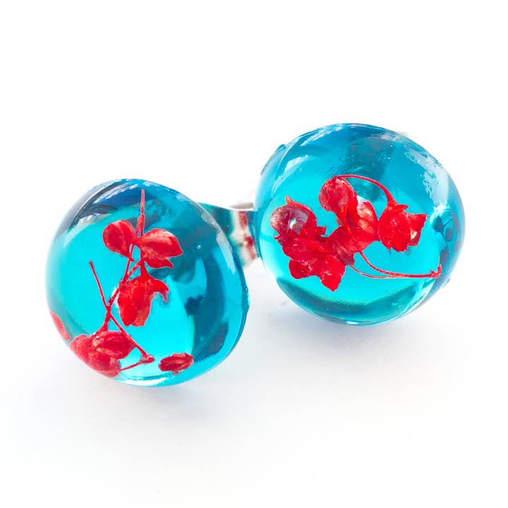 Earrings Blue-Red Orb Stud Earrings for wholesale by Hanami Real Flower Jewelry