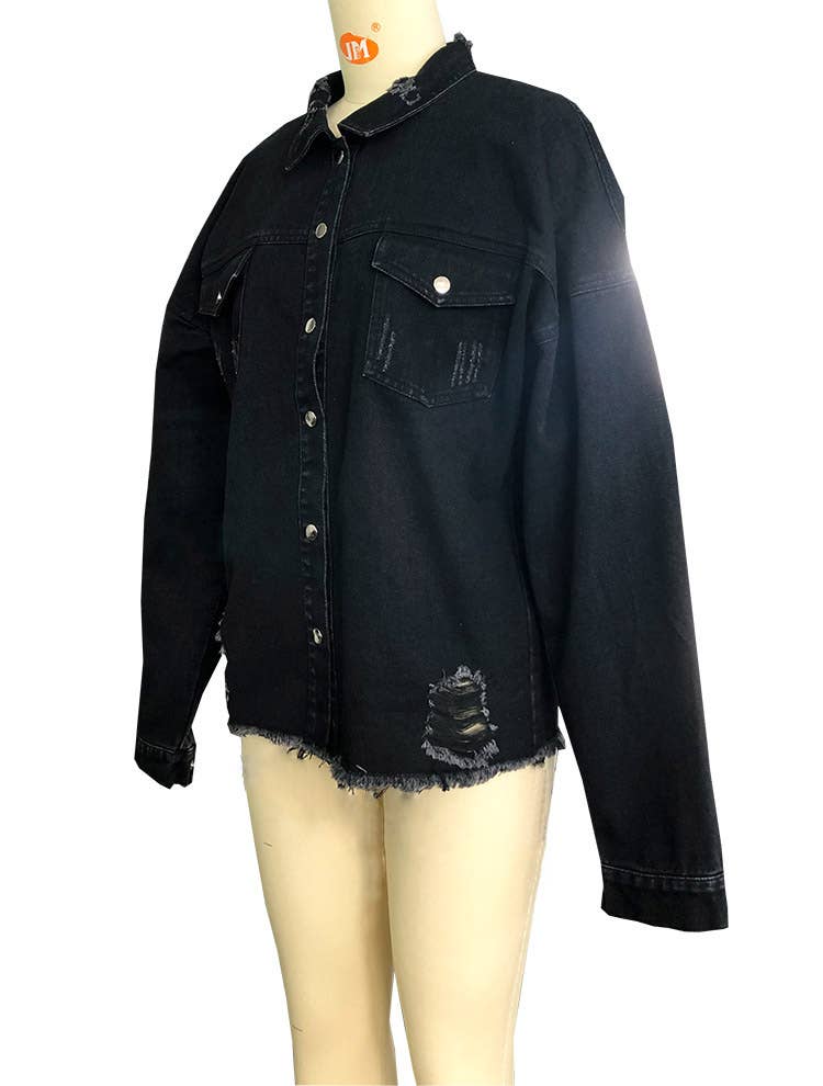 HIDDENBRAND - Wholesale Denim Jacket - Women's - Oversized  ripped frayed edges denim jacket6