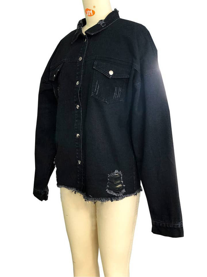 HIDDENBRAND - Wholesale Denim Jacket - Women's - Oversized ripped frayed edges denim jacket6