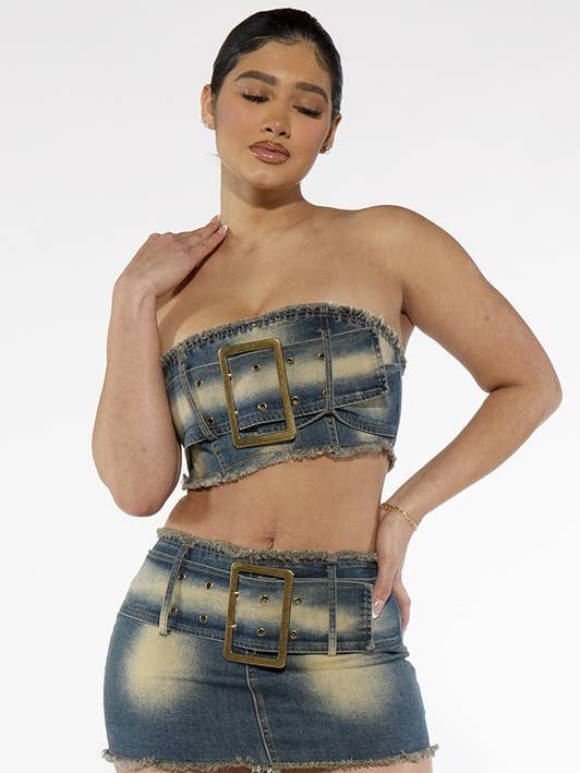 Denim Belted Bandeau Top and Mini Skirt Set for wholesale by Rehab Lab