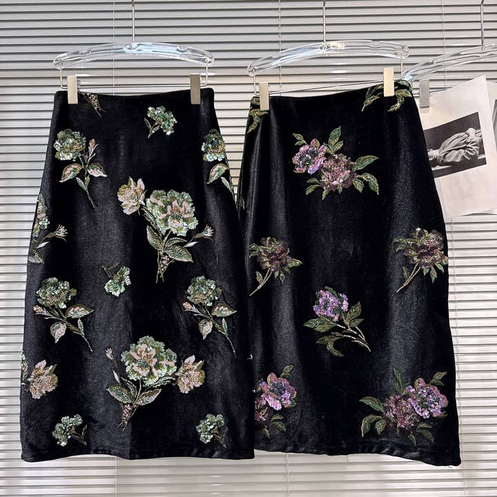SK85 Vintage Velvet Midi Skirt with Floral Sequin Embroidery for wholesale by Productseeker