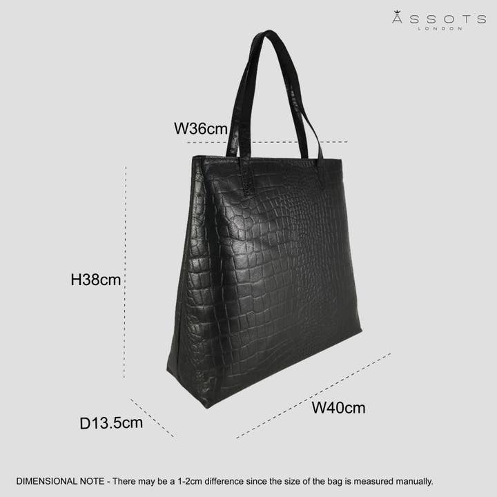 Assots London - Wholesale Tote Bag - Women's - 'FREYA' Black Semi Structured Unlined Croc Leather Tote Bag