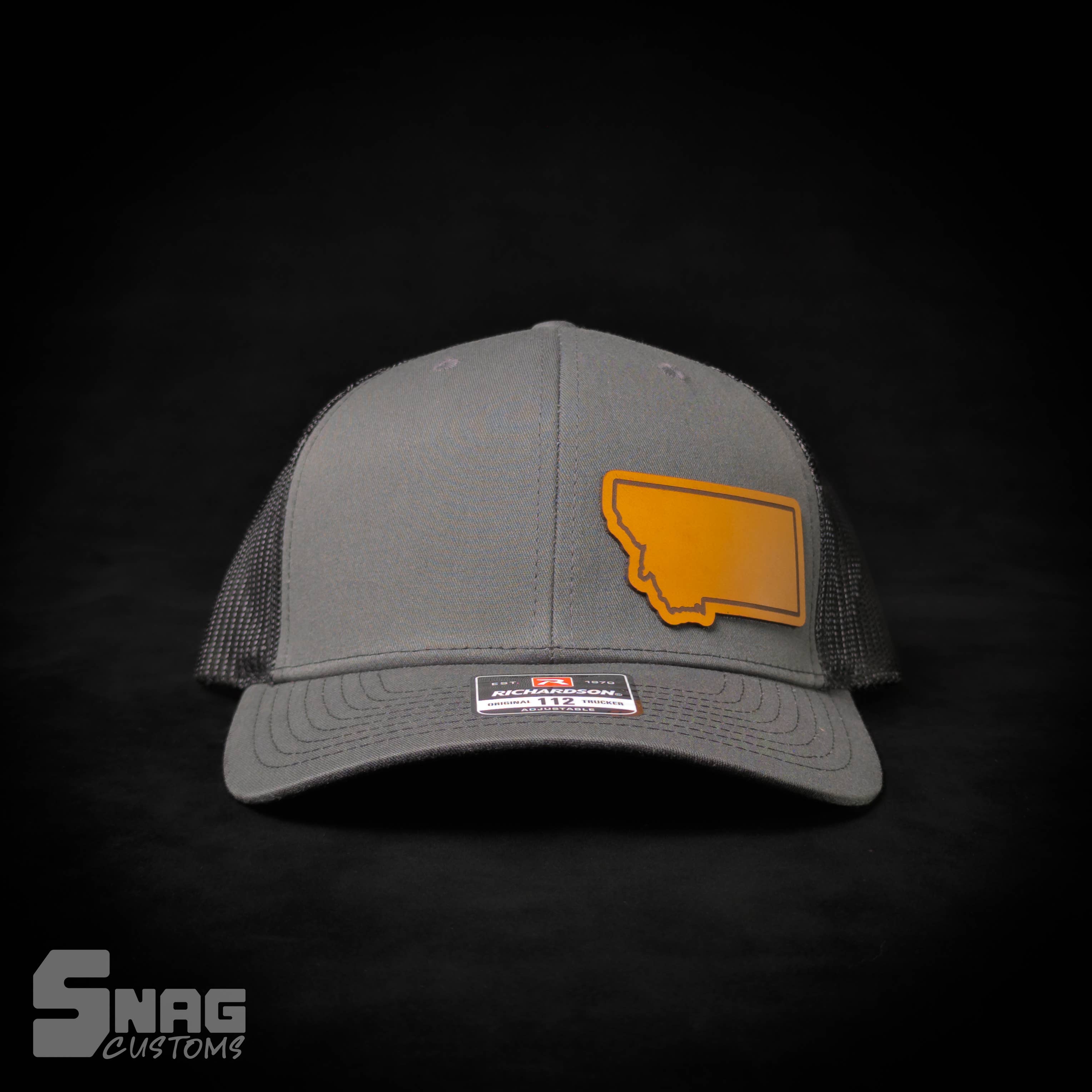 Snag Customs - Wholesale Trucker Hat - Unisex - Montana State Outline Leather Patch Hat0