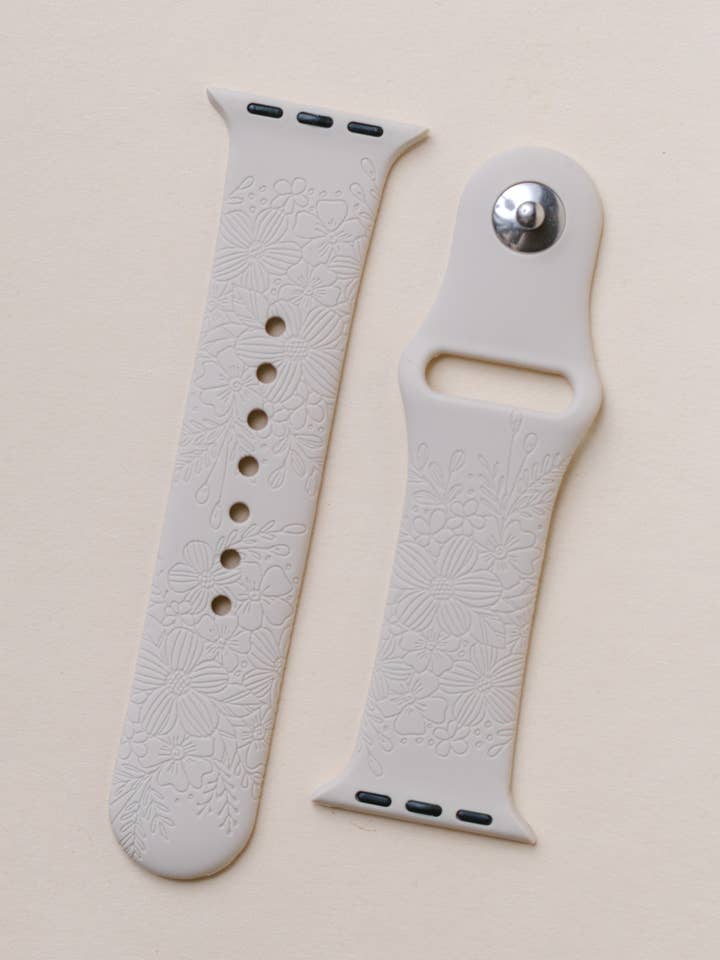 Engraved Silicone Apple Watchband Floral Stripe Design for wholesale by Fox and Fiddle Designs