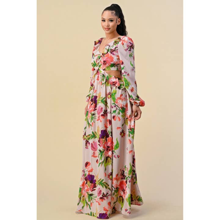 The Sang - Vendita all'ingrosso Vestito - Donna - SD3100520-2 - ABITO LUNGO CON SCOLLO A V PROFONDO CON STAMPA FLOREALE