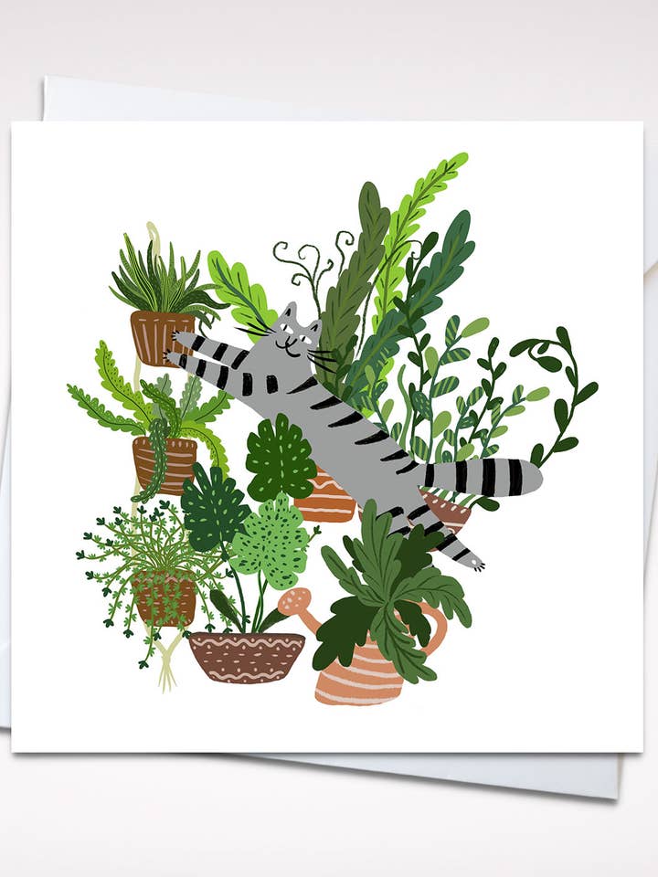 Playful Plant Cat 5x5 Greeting Card – Whimsical Cat-Themed Blank Card with Envelope, Purrfect for Plant and Cat Lovers for wholesale by Dariia Dziuba