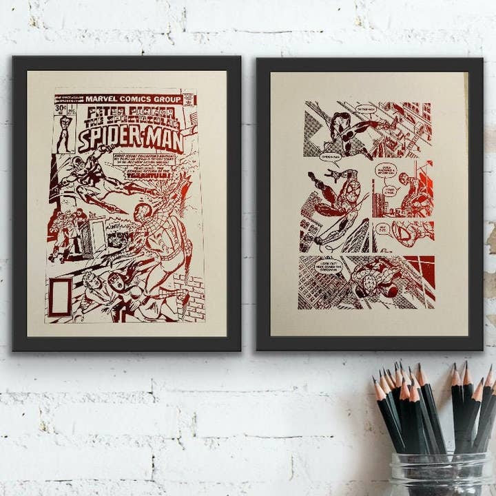 Sæt med 2, Spider Man Tegneserie Cover & Tegneserie Folie Prints for engroshandel hos Billies Inks