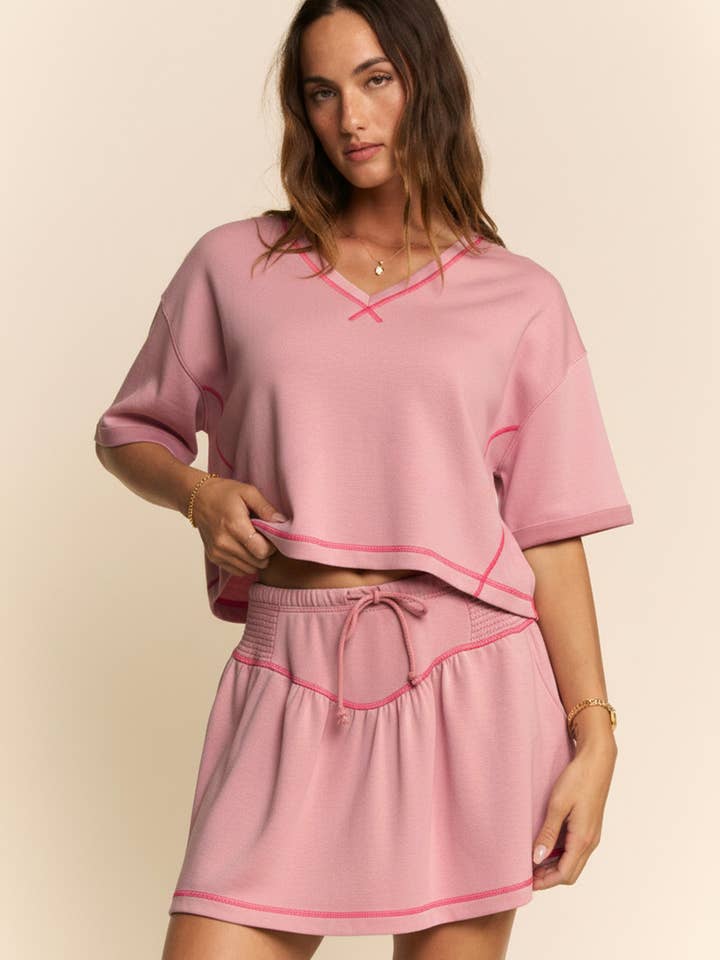 SOFT KNIT V-NECK CROP TOP SHORTS SKORT SET for wholesale by Davi & Dani