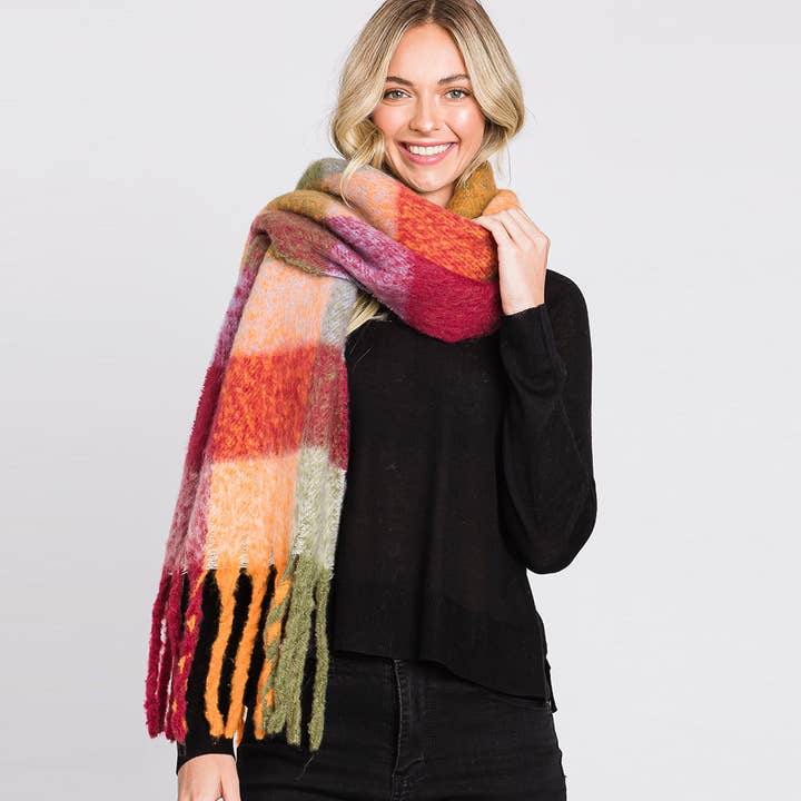 Sensibling Corp. – Cachecol - Mulher por atacado – Cachecol multicolor xadrez estampado com franja oblong15