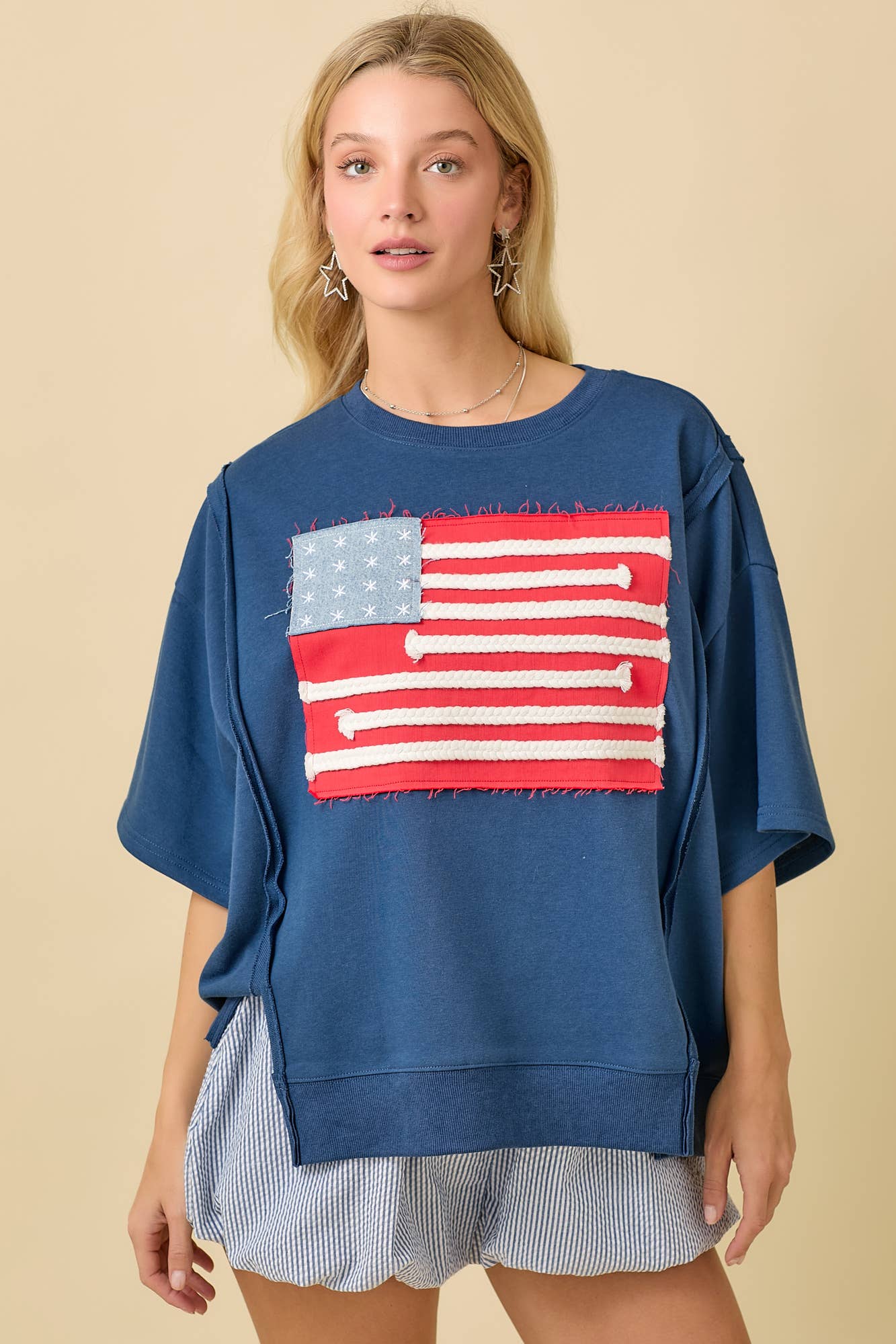 DARK BLUE Boxy Wide Short Sleeve Top With American Flag Patchwork for wholesale on Faire6