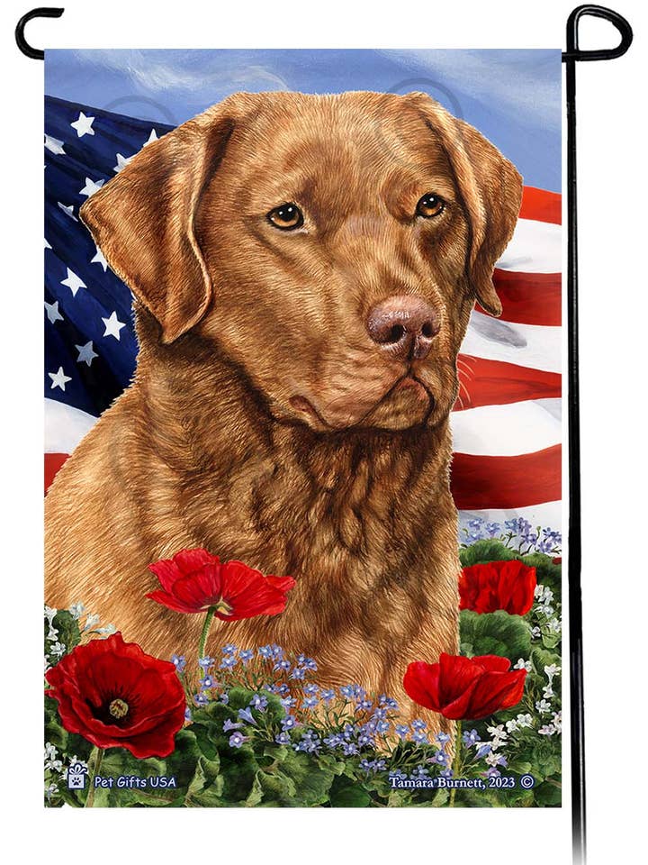 Chesapeake Retriever Red - Patriotic Flowers Garden Flag for wholesale by Pet Gifts USA, LLC