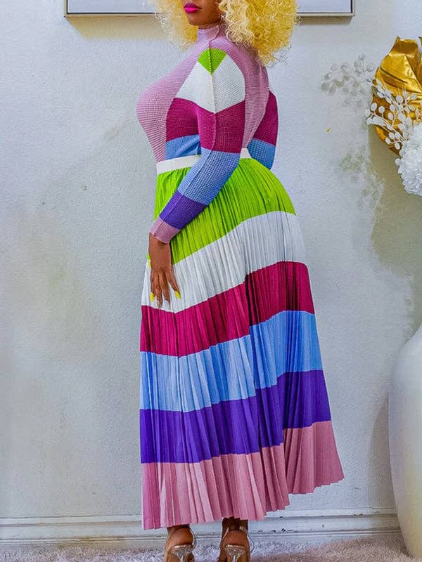 Sheer Trend - Venta al por mayor Conjuntos de top y falda - Mujer - Conjunto de dos piezas de blusa de manga larga con cuello simulado, estampado plisado de color contrastante y falda en talla grande.10