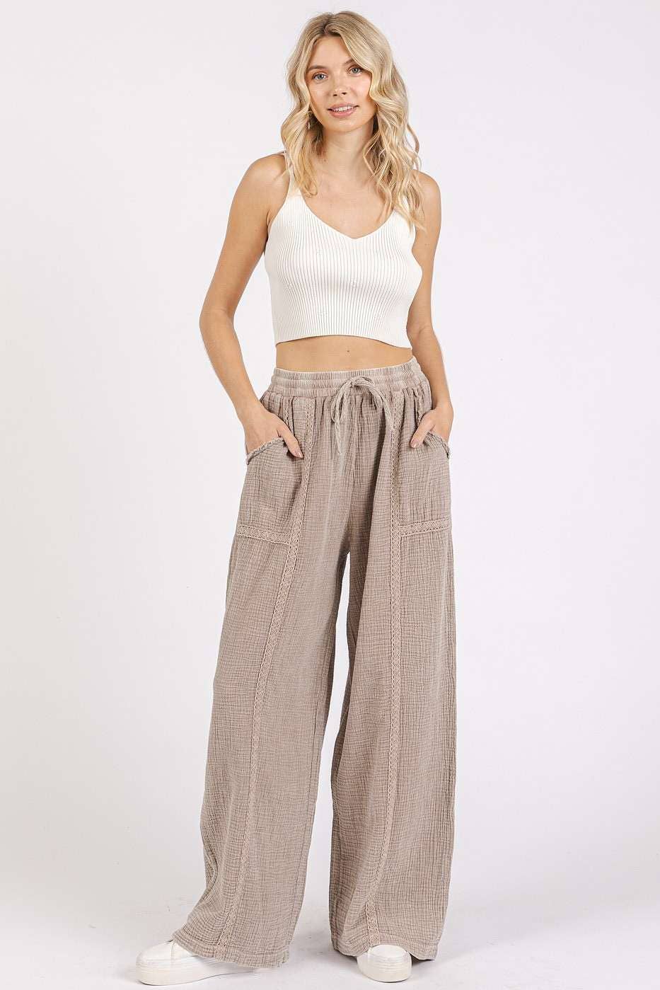 mittoshop - Wholesale Pants - Women's - LACE TRIM DETAIL ELASTIC WAIST COTTON GAUZE PANTS18