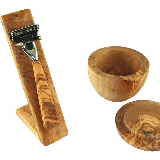 Set de rasage 4 pièces en bois d'olivier avec rasoir pour la vente par olivenholz-erleben
