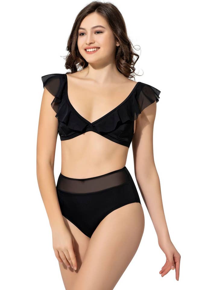 Argisa Bikini Taille Haute à Volants Noir pour la vente par Argisa