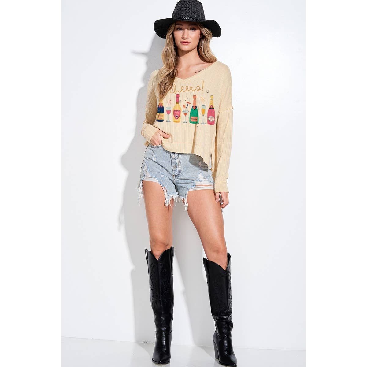 Phil Love – Großhandel T-Shirt mit Siebdruck – Damen – Feiertags-Champagnerflaschen-Langarmshirt mit V-Ausschnitt 7