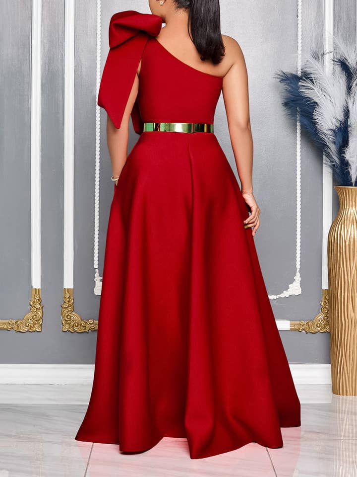 Aria Romance - Wholesale Gown - Women's - Asymmetric Bow-Shoulder Maxi Dress8