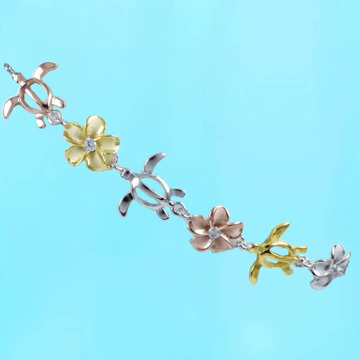 Justerbart hawaiianskt tre-färgat havssköldpadda plumeria armband, armband i sterlingsilver med tre toner sköldpadda blomma CZ, jul mamma födelsedagspresent för wholesale av Paradise Treasures Jewelry