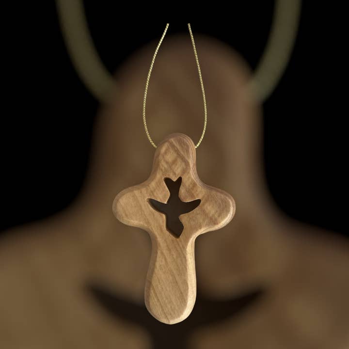 Holy Land Imports - Wholesale Ornament - Olive Wood Small Comfort Cross with Dove Ornament1