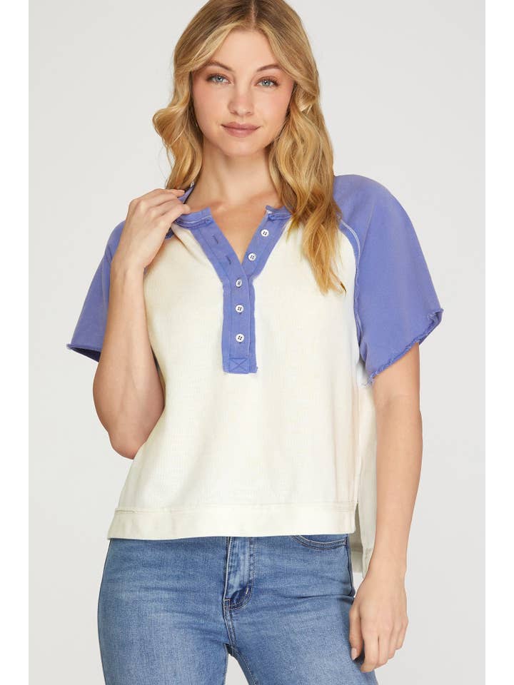 Vanilla Monkey - Venta al por mayor Jersey corto de punto - Mujer - Top de Bloques de Color con Botones y Manga Corta Raglán2