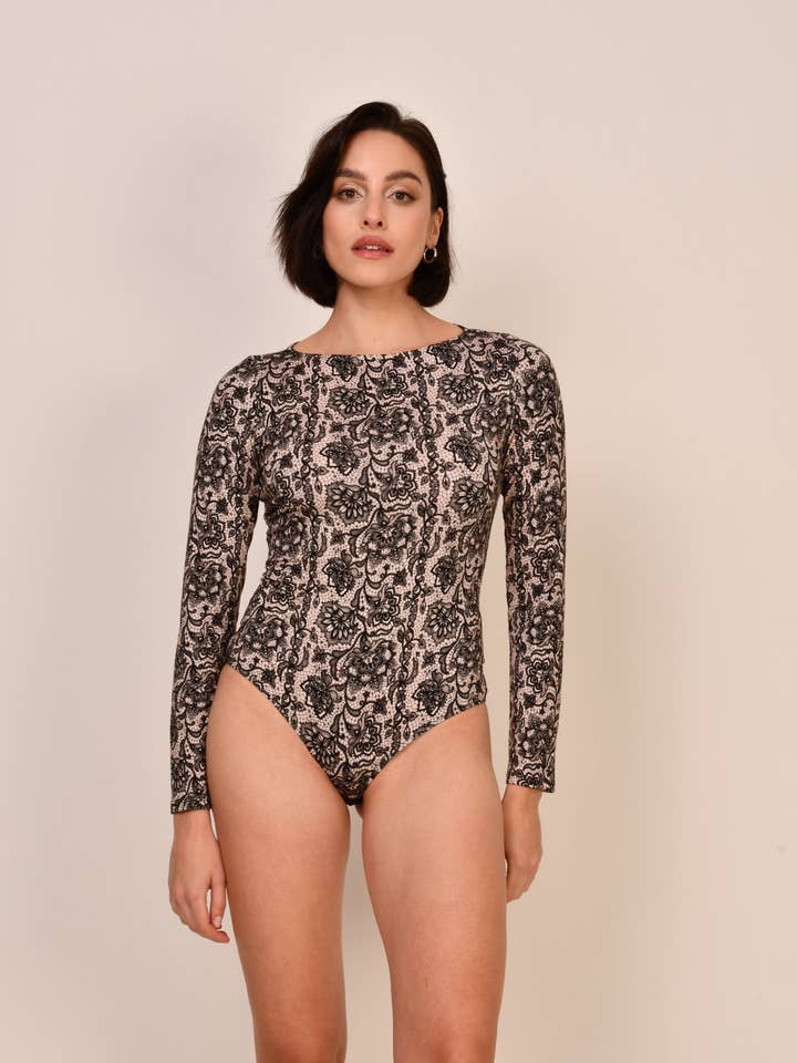 Long-sleeve Boat Neck Bodysuit With Lace Print H42-P1 for wholesale by Oh!Zuza night&day
