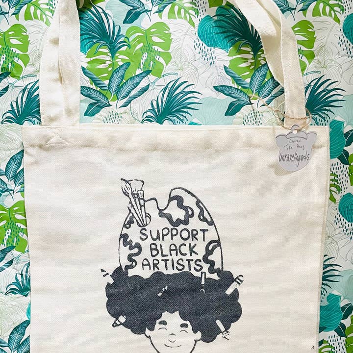 Soutenez les artistes noirs Sac fourre-tout en toile fait main et écologique pour la vente par Unravelingarts