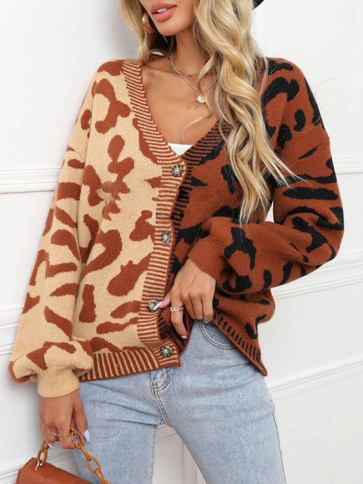 HIDDENBRAND - Wholesale Cardigan - Women's - Leopard Patched Plus-Size Cardigan