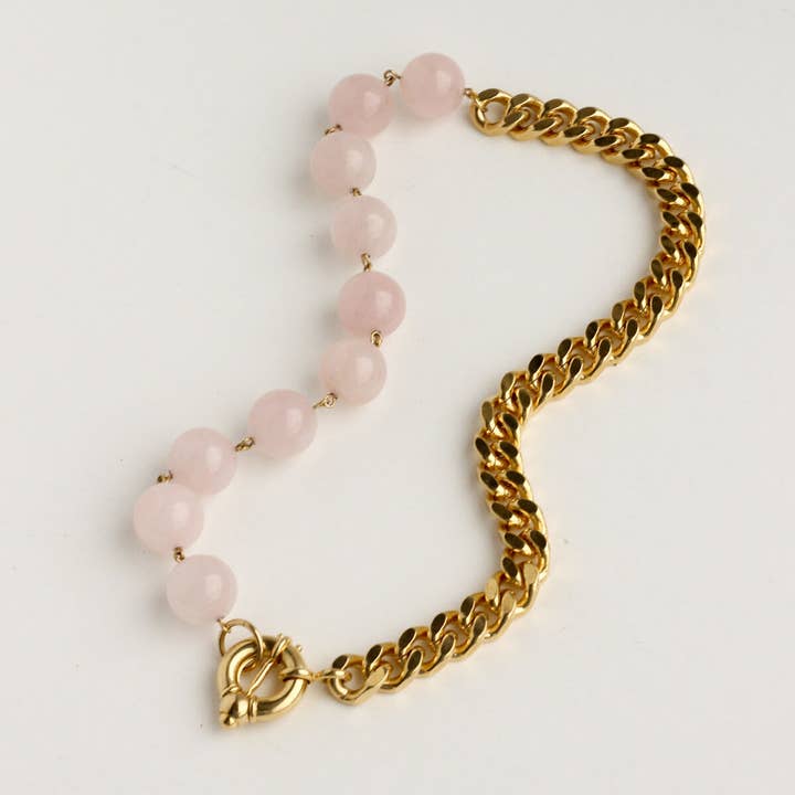 SUZANNE Rose Quartz Precious Pearl Curb Chain Necklace for wholesale by Bonjour Aimée