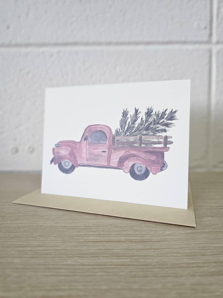Red Truck with Christmas Tree Greeting Card for wholesale by Covered With Art
