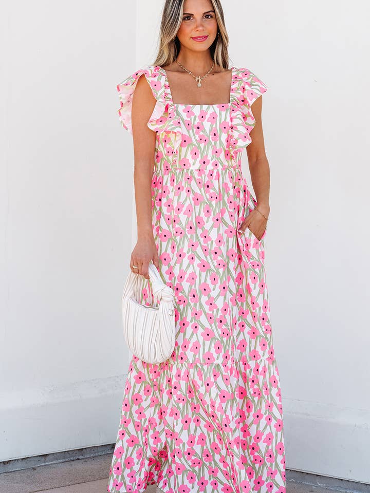 Pink Floral Print Square Neck Ruffled Strap Maxi Dress for wholesale by Our Home to Yours Candles & Gifts