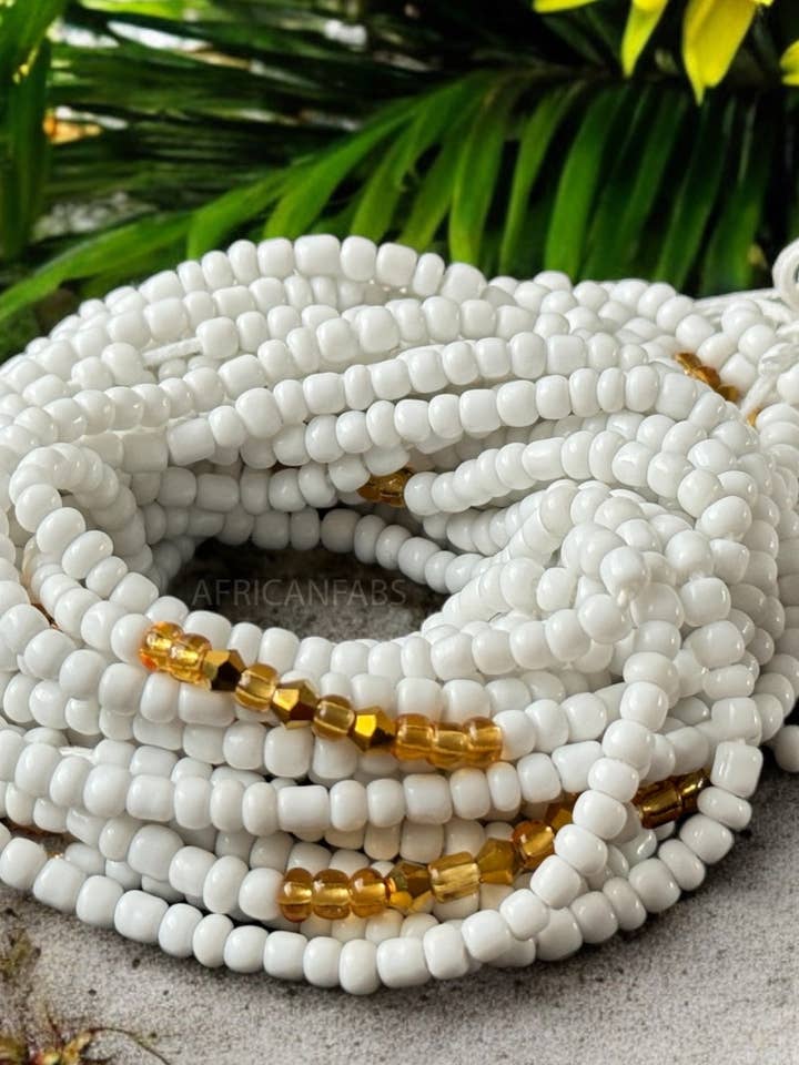 Waist Beads / African Hip Chain - Abiéyuwa - White / gold (Traditional non-elastic string) for wholesale by AfricanFabs