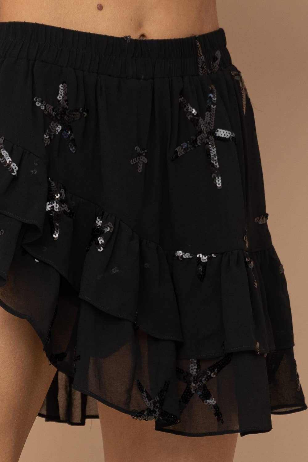 RØD 32425S - Chiffon Stjerne Paillet Print Asymmetrisk Nederdel for engroshandel på Faire11