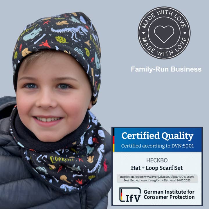 HECKBO – Engroshandel Sæt med vintertilbehør – til børn – HECBOKO vinterhue og halstørklæde sæt med dinosaur-skeletmotiv5