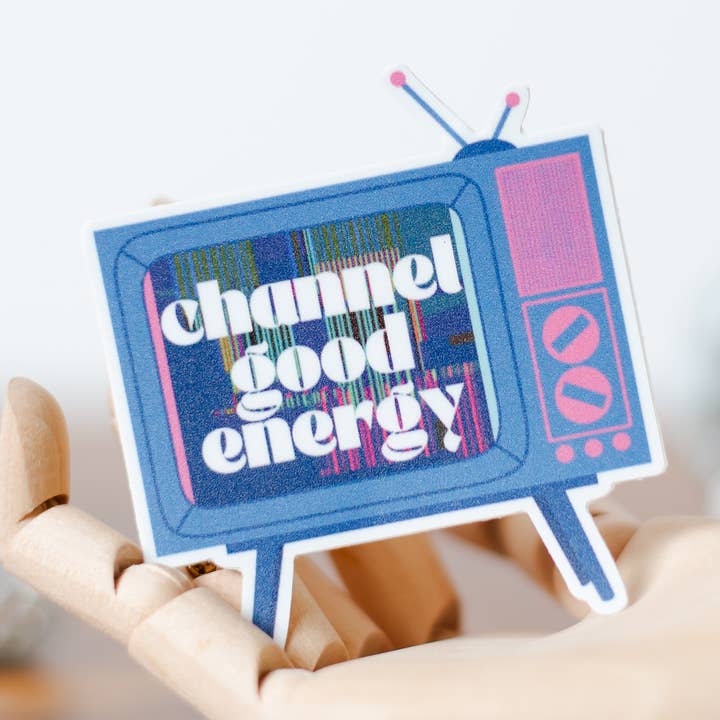 Channel Good Energy Retro TV Die-cut Motivational Sticker for wholesale by Daydream Division