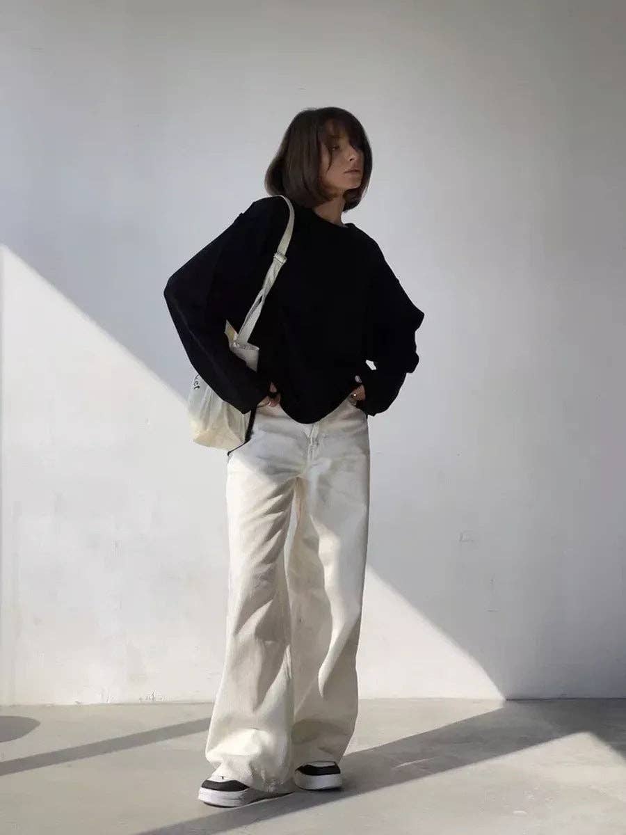 Suhkasana – wholesale T-shirt (utan tryck) – Dam – Avslappnad löst sittande bomullströja med långa ärmar och slitna detaljer.18