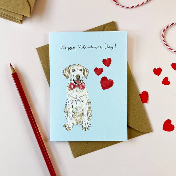 Yellow Labrador Valentine's Day Card for wholesale by Amelia Illustration