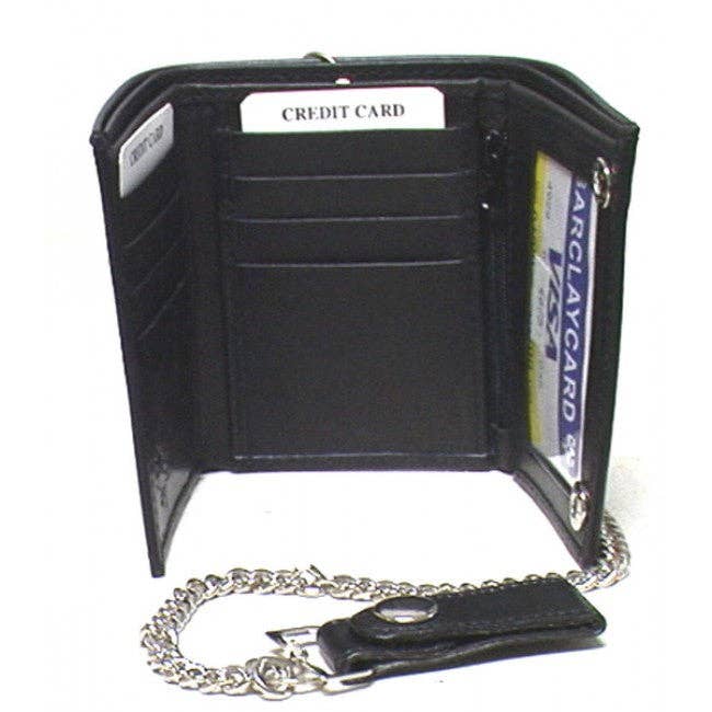 Black Genuine Leather Men's Tri-fold Biker/Truckers' Wallet #4675 for wholesale on Faire4