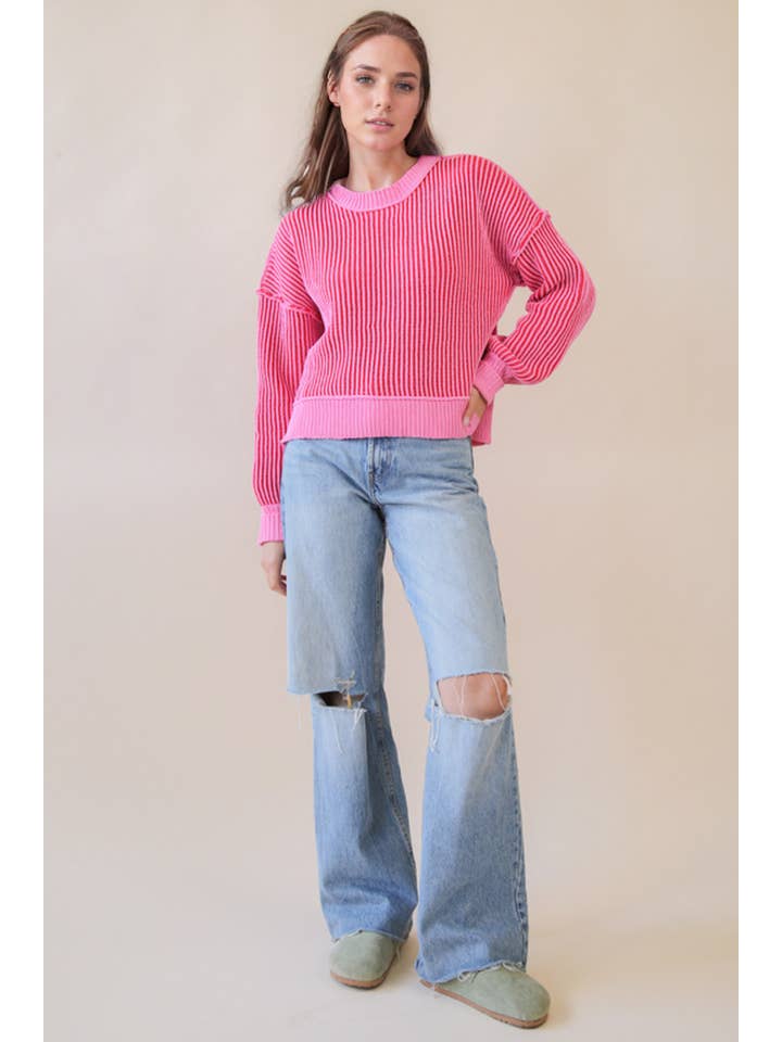 VERY J - Wholesale Pullover-trui - Dames - 12W3092N-Tweekleurige gestreepte trui met casual strepen7