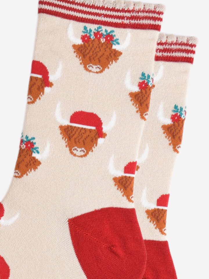 Sock Talk - Wholesale Socks – Women's - Women's Bamboo Socks - Cream/Red, Christmas Highland Cow2