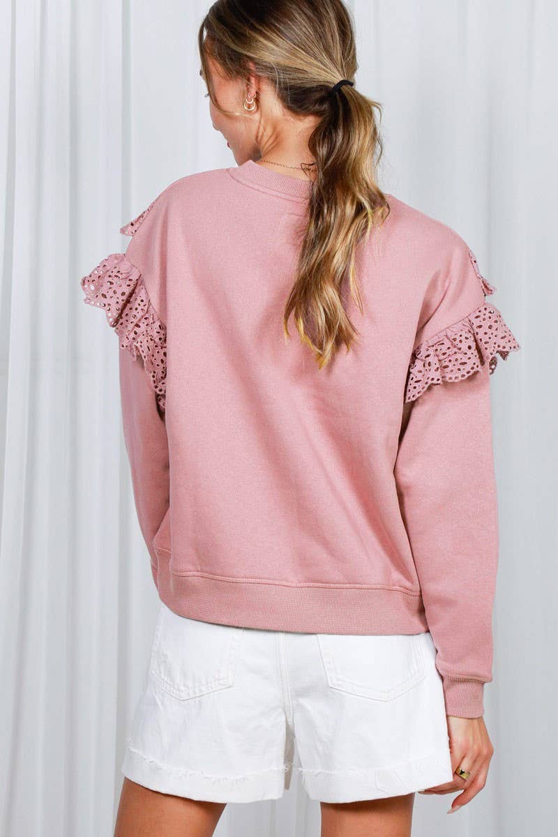 Wholesale Eyelet Lace Trim Ruffle Detail Crew Neck Sweatshirt