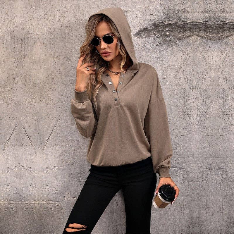 COFFEE Casual Solid Color Long Sleeve Button Hooded Sweatshirt for wholesale on Faire1
