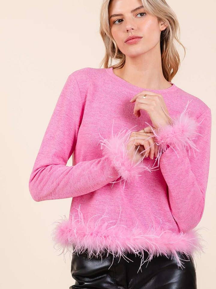 FEATHER TRIM HACCI KNIT LONG SLEEVE CROP TOP for wholesale by mittoshop