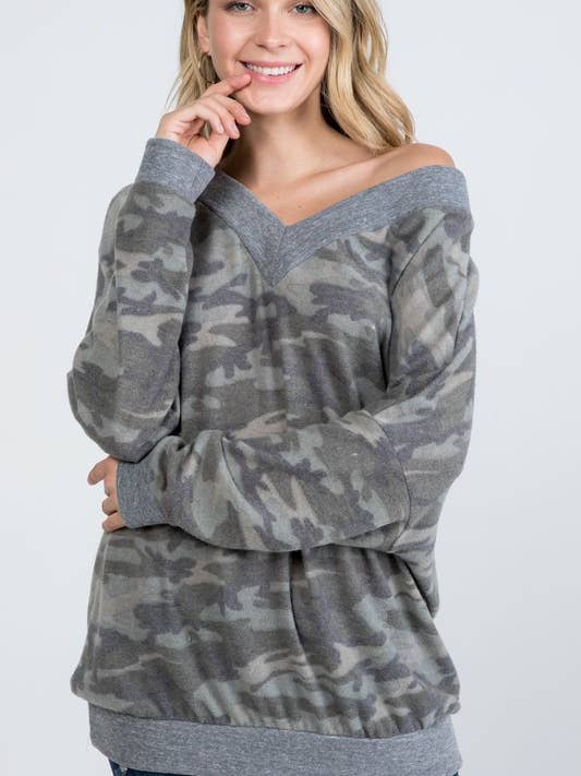 Brushed Sweater Camouflage Print Deep V-Neck Top for wholesale by Rose Mellow Fashion