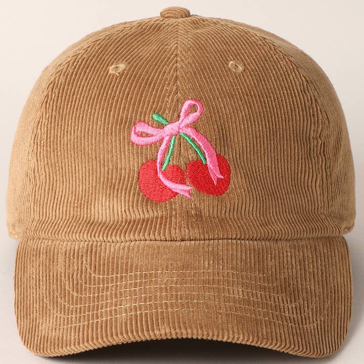 Fashion City - Wholesale Baseball Cap - Women's - Cherries Ribbon Bow Embroidery Corduroy Cap